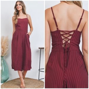 FEW LEFT❗CHOCOLATE Feminine Chic Burgundy Striped Wide Leg Cropped Jumpsuit